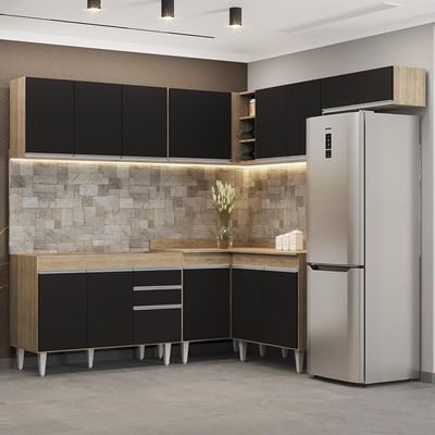 Armário De Cozinha Modulado De Canto 7 Peças Cp19 Balcão Sem Tampo Castanho/preto - Lumil