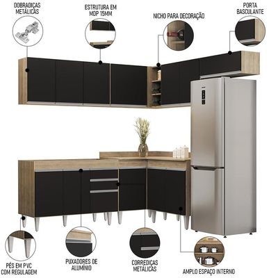 Armário De Cozinha Modulado De Canto 7 Peças Cp19 Balcão Sem Tampo Castanho/preto - Lumil