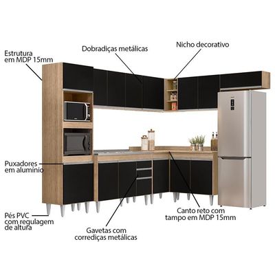 Armário De Cozinha Modulada De Canto 8 Peças Cp03 Balcão Com Pia Inox Castanho/preto - Lumil