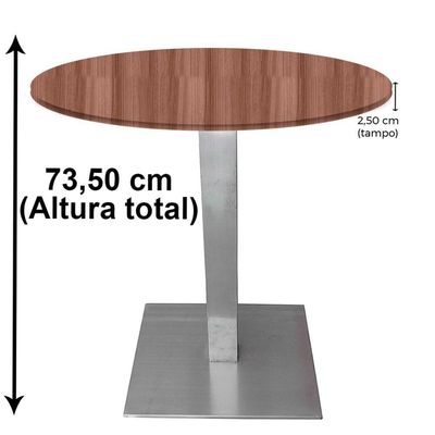 Mesa Quadrada Alpha Inox Prata 73,50 Cm (altura) Tampo Mdp Redondo 70 Cm Walnut (larg)