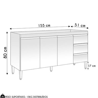 Balcão De Cozinha Para Pia 160cm 3 Gavetas Andréia Amêndoa-preto - Ajl Móveis
