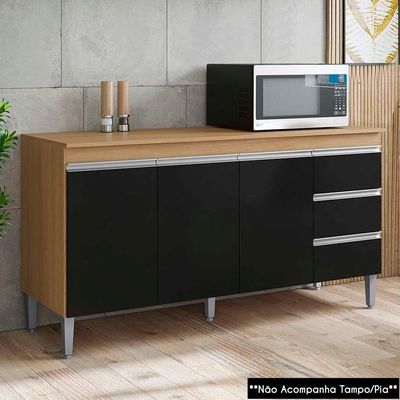 Balcão De Cozinha Para Pia 160cm 3 Gavetas Andréia Amêndoa-preto - Ajl Móveis