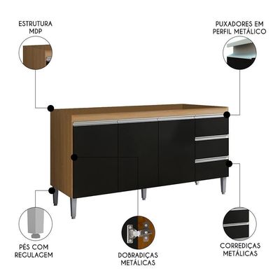 Balcão De Cozinha Para Pia 160cm 3 Gavetas Andréia Amêndoa-preto - Ajl Móveis