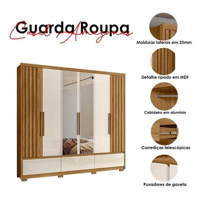 Guarda Roupa Casal Amazonas E Cômoda Texas Freijó Off White Com Espelho - Moval