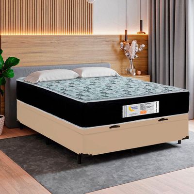Cama Box Baú Casal Sintético + Colchão Molas Ensacadas Sereneprime Sonnolux 138x188x69 Bege