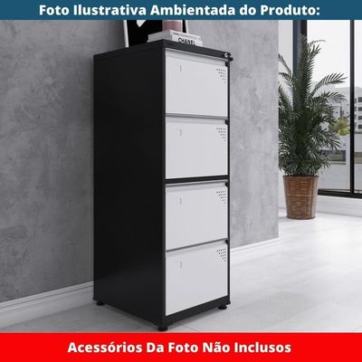 Armário De Arquivo Oficio 4 Gavetas Pandin 47 Cm (larg) Aço Preto C- Frente Gaveta Branca C- Chave