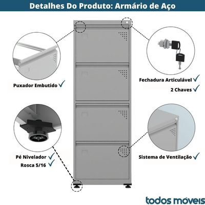 Armário De Arquivo Oficio 4 Gavetas Pandin 47 Cm (larg) Aço Preto C- Frente Gaveta Branca C- Chave