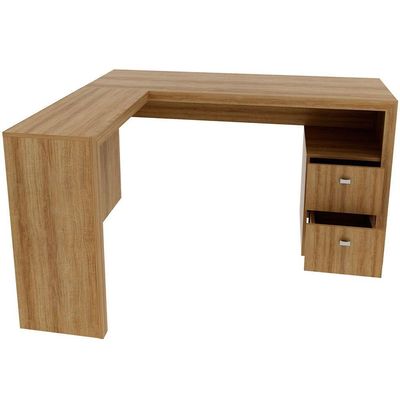 Mesa De Canto Para Escritório Em L Angular Com 2 Gavetas Amêndoa