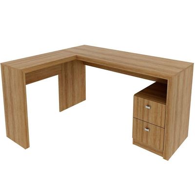 Mesa De Canto Para Escritório Em L Angular Com 2 Gavetas Amêndoa