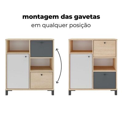 Balcão Para Escritório 2 Gavetas 1 Porta E 2 Nichos Erick Carvalho/branco/grafito
