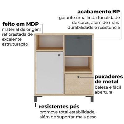 Balcão Para Escritório 2 Gavetas 1 Porta E 2 Nichos Erick Carvalho/branco/grafito