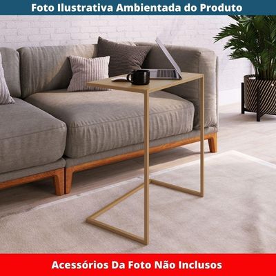 Mesa Lateral Apoio Sofá P/ Notebook Artesano 58 Cm (larg) Mdp Hanover (mel) Base Aço Carbono Dourado