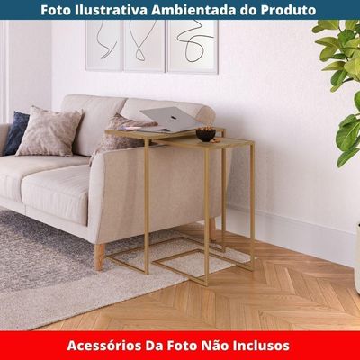 Mesa Lateral Apoio Sofá P/ Notebook Artesano 58 Cm (larg) Mdp Hanover (mel) Base Aço Carbono Dourado