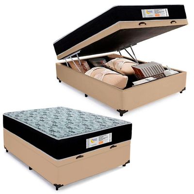 Cama Box Baú Casal Sintético + Colchão Molas Ensacadas Sereneprime Sonnolux 138x188x69 Bege
