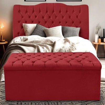 Kit Cabeceira E Calçadeira Baú Dunas Casal 140 Cm - Veludo Vermelho
