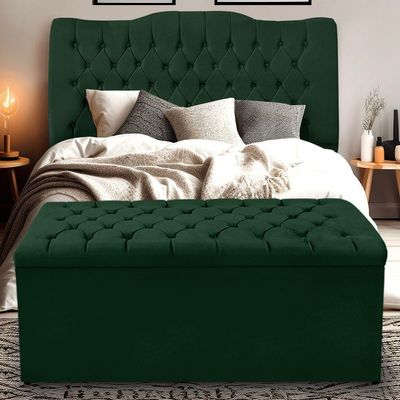 Kit Cabeceira E Calçadeira Baú Dunas Queen 160 Cm - Veludo Verde