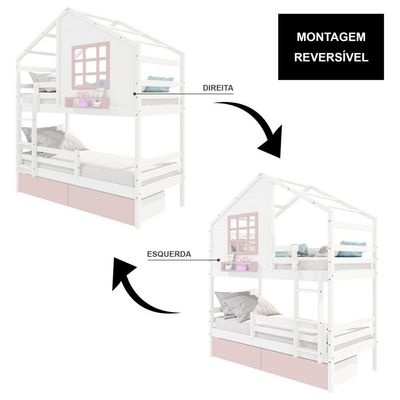 Beliche Casinha Com Janela 02 Gavetas Rosa E Grade De Proteção Madeira Maciça Branco/ Rosa Housin