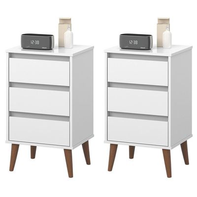 Kit 2 Mesas De Cabeceira Wood - Mdp 3 Gavetas Corrediças Metálicas Branco - Movelove
