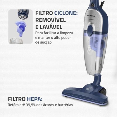 Aspirador De Pó Vertical Mondial Turbo Cycle HEPA AP-41-BLI 1550W Azul Escuro Com Inox 220V