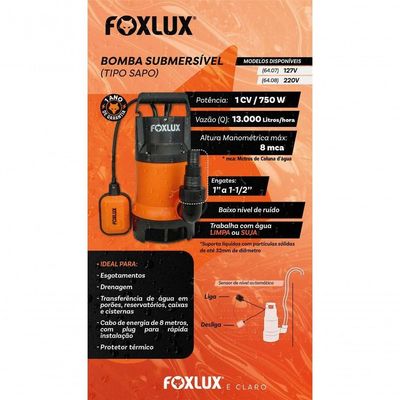 Bomba D'Água Submersível 1CV 750W Foxlux 220V