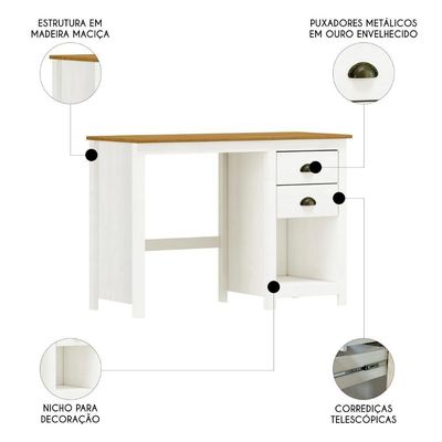 Escrivaninha 110cm 2 Gavetas Home Office Lázio Branco/freijó F07 - Mpozenato
