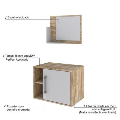 Conjunto Balcão E Espelheira Soft 600 Perffect Acetinado Carvalho Com Branco Chess