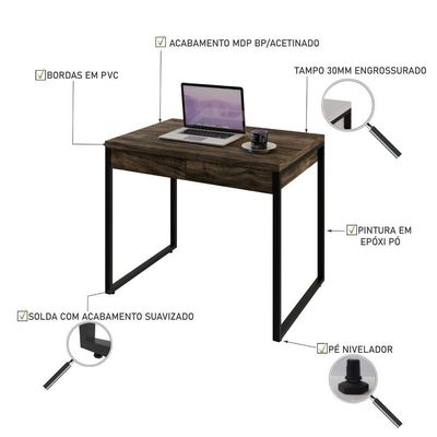 Mesa Kuadra Office 90x60x75cm Com 2 Gavetas Carvalho Dark Est.preta
