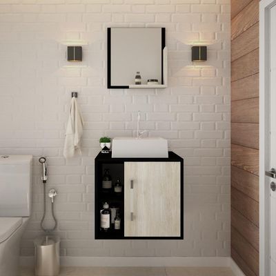 Conjunto Balcão Com Cuba Q32 E Espelheira Soft 500 Preto Ônix Com Nogal Preto Onix Com Snow