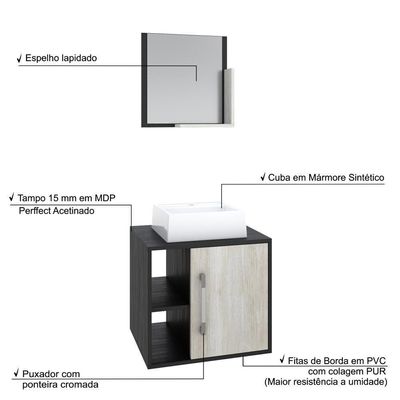 Conjunto Balcão Com Cuba Q32 E Espelheira Soft 500 Preto Ônix Com Nogal Preto Onix Com Snow