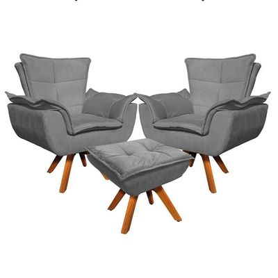 Kit 2 Poltronas Decorativas Base Giratória Giromad Com Puff Opla Suede Grafite - Ibiza