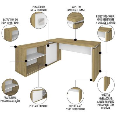 Conjunto Escritório Home Office 4 Peças Sharp A06 Olmo/branco - Mpozenato