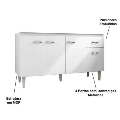 Balcão de Pia Para Cozinha 150 Cm Graziela 4 Portas 1 Gaveta Branco Preto
