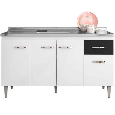 Balcão de Pia Para Cozinha 150 Cm Graziela 4 Portas 1 Gaveta Branco Preto