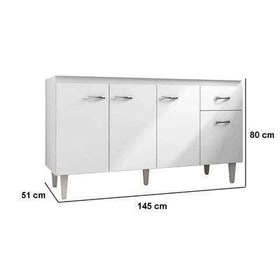 Balcão de Pia Para Cozinha 150 Cm Graziela 4 Portas 1 Gaveta Branco Preto