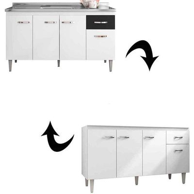 Balcão de Pia Para Cozinha 150 Cm Graziela 4 Portas 1 Gaveta Branco Preto