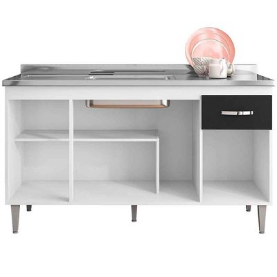Balcão de Pia Para Cozinha 150 Cm Graziela 4 Portas 1 Gaveta Branco Preto