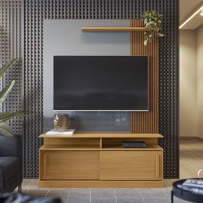 Rack Home Painel Chicago - Mdf Rodízios E Portas De Correr Para Até 60" Cinza - Lukaliam Móveis