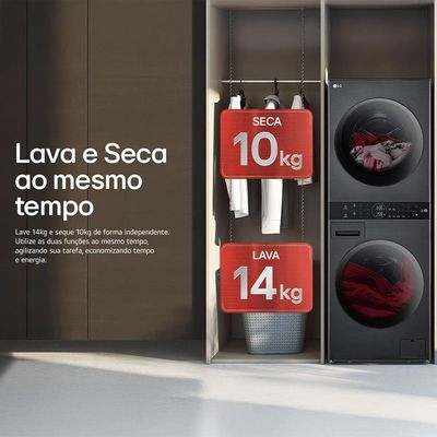 Lavadora e Secadora LG 14kg Smart WashTower com Inteligência Artificial AIDD WK14BS6A Aço Escovado Preto - 220V