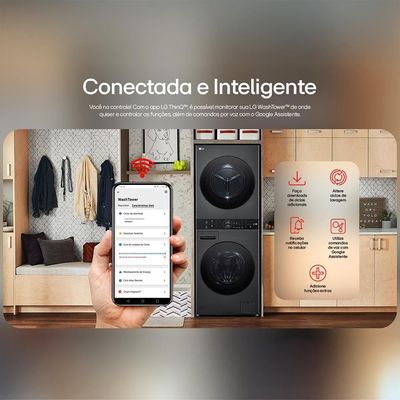 Lavadora e Secadora LG 14kg Smart WashTower com Inteligência Artificial AIDD WK14BS6A Aço Escovado Preto - 220V