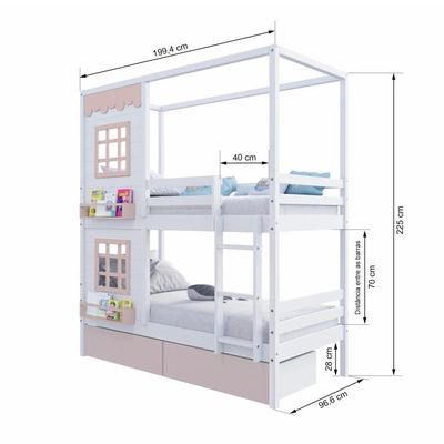 Beliche Casinha Reta 02 Janelas E 02 Gavetas Rosa Madeira Maciça Branco/ Rosa Housin
