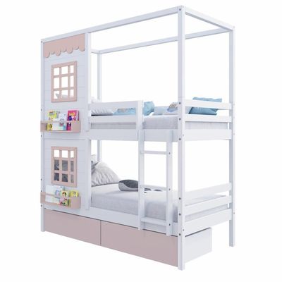 Beliche Casinha Reta 02 Janelas E 02 Gavetas Rosa Madeira Maciça Branco/ Rosa Housin