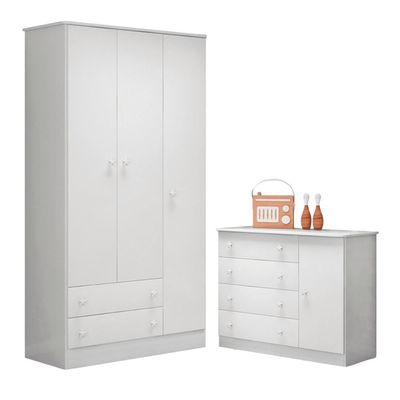 Conjunto Doce Sonho Branco Cômoda Sapateira + Guarda-roupa 3 Portas E 2 Gavetas