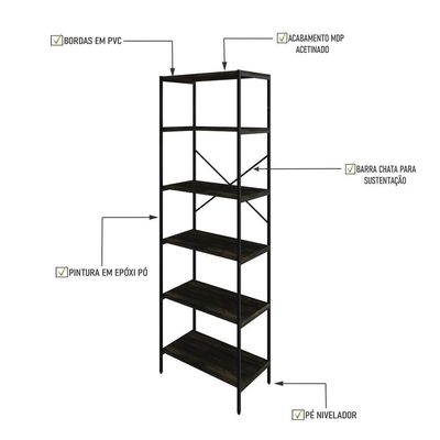 Estante C/06 Prateleiras 186x60x33cm Tub Tueh1866 Carvalho Dark - Carvalho Dark /