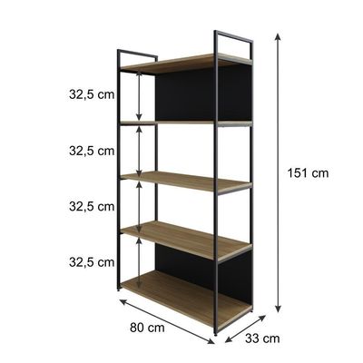 Estante C/05 Prateleiras 152x80x33cm C/fundo Yon Vermont Oak/est.preta Vermont Oak/est.preta