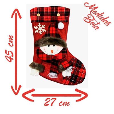 Decoração Natal Bota Meia Xadrez Boneco De Neve Natalino 45cm