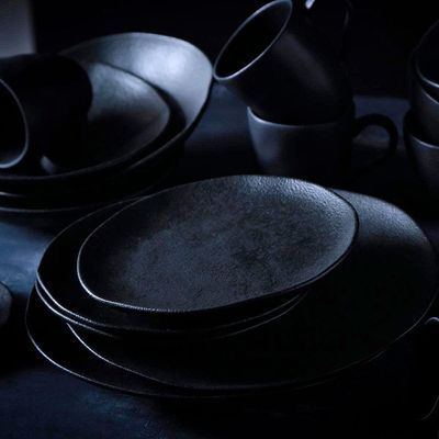 Conjunto com 6 Pratos Rasos Porto Brasil Orgânico Carbon em Stoneware 26,5cm  Preto