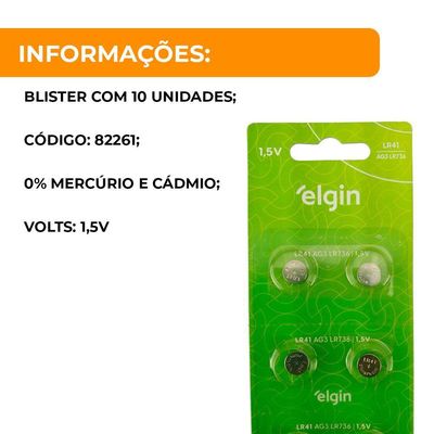 Pilha Bateria Lr41 Ag3 Lr736 Elgin Pilha Alcalina 2 Unidades