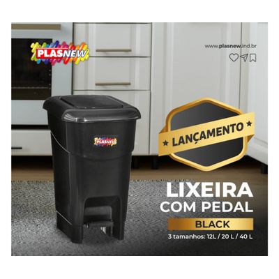 Coletor Cesto Lixeira De Pedal 40 Lt Plasnew Preto