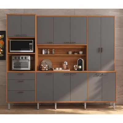 Cozinha Compacta Pulse - 2,60m 12 Portas E 3 Gavetas - Lukaliam Móveis Cinza