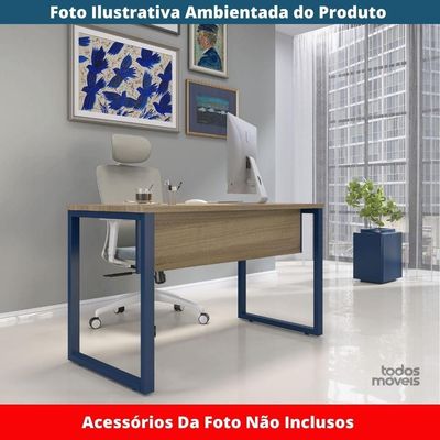 Mesa Escritório P25 Tub Pandin 90 Cm (larg) Tampo Mdp Noce Naturalle Pé Aço Tubular Azul Del Rey